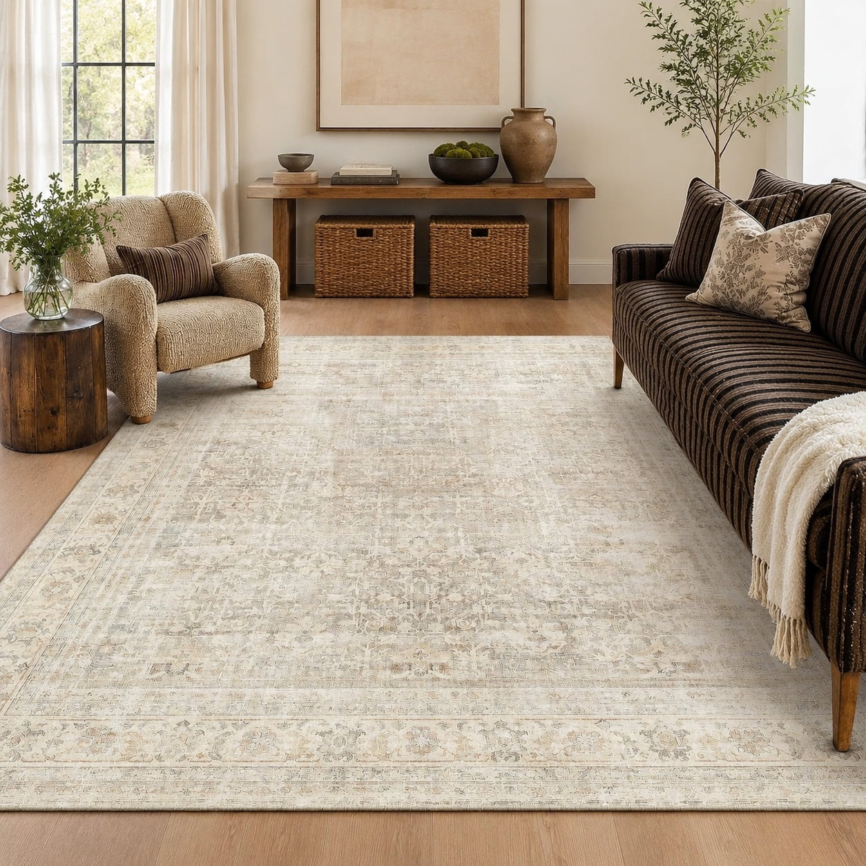 8x10 Beige Vintage Distressed Area Rug - Classic Carpet for Living Room ...