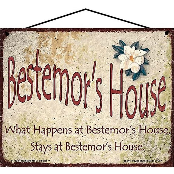 8x10 Bestemor's House Sign with Magnolia Flower Norweigan Word for Grandmother What Happens at Bestemor's House Stays Vintage Style Decorative Household Family Home Décor Grandma Nickname Gift Signs