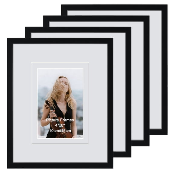 8x10 Black Picture Frame with Double White Mat Set of 4, for 4x6 to 8x10 Photos
