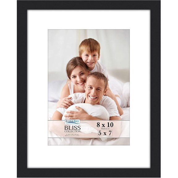 - 8x10 Black Picture Frame with Removable Mat for 5x7 Photo - Modern Style Engineered Wood Frame - Table Top or Wall Mount - Bliss Collection