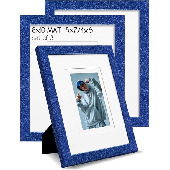 8x10 Blue Glitter Picture Frame Set of 3, Decorative Sparkling Photo Frame with 5x7/4x6 Mat for Tabletop or Wall Display, Poster Frame with Solid Wood and Real Glass, Scandinavian Style Home Decor
