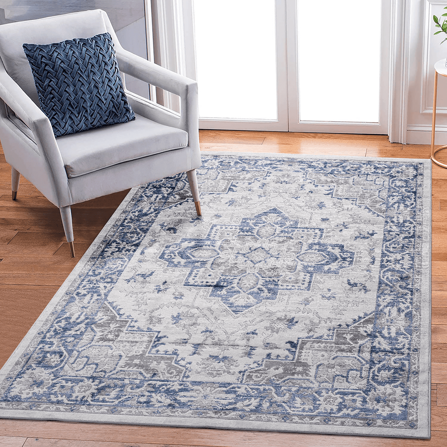 8x10 Blue Grey Oriental Area Rug Machine-Woven Non-Shedding Stain Resistant Kid Pet Friendly Medium Pile Cotton Backing Indoor Rug for Living Room Bedroom Dining Room Entryway Office