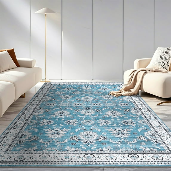 LOKHOM 8'x 10' Bohemian Area Rugs for Living Room, Non-Slip Backing Machine Washable Carpet, Blue