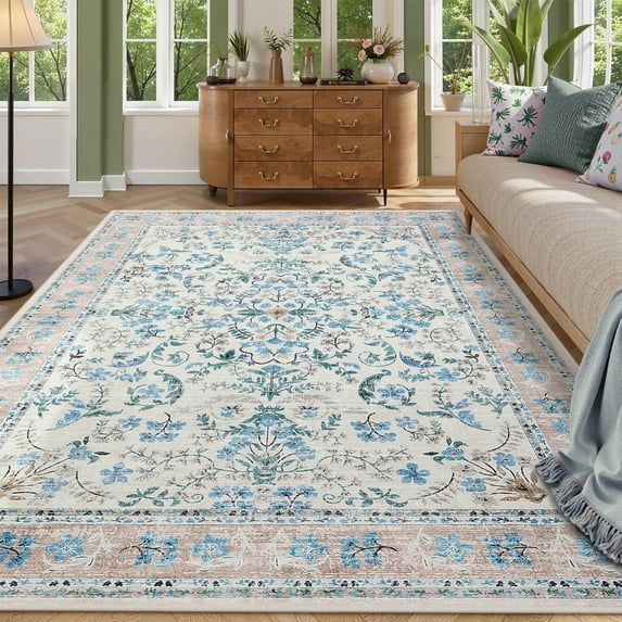 8x10 Boho Washable Rug, Black Floral Area Rug for Living Room, Non Slip Low Pile Carpet for Bedroom and Dining Room, Foldable Soft Floor Rug for Nursery, Dorm, Hallway, Modern Vintage Decor