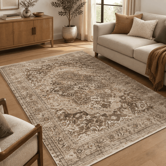 Large Brown Rug 8x10 Brown Medallion Rugs For Living Room Vinttransitional Washable ...