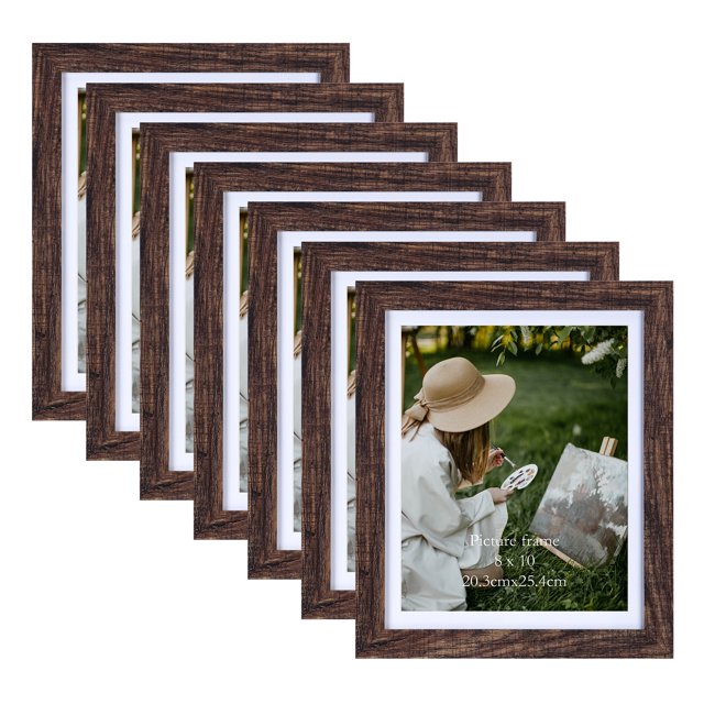 8x10 Brown Wall Mounted or Tabletop Picture Frames Set of 7 with Mat, Ideal Gift, Easy to