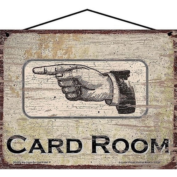 8x10 Card Room LEFT Vintage Style Sign with a Hand Pointing to the Left - Unique Directional Decor for Game Enthusiasts, Perfect Addition for Home Poker Night, Gift for Card Players Housewarming