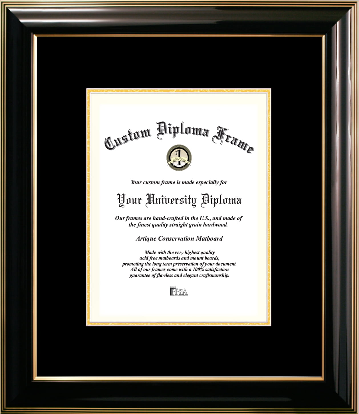 8x10 Classic Black Certificate Frame with Black & Gold Mats