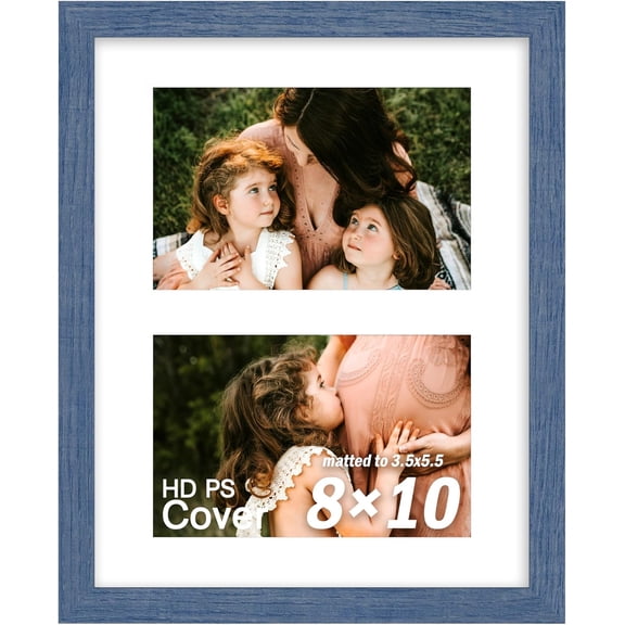8x10 Collage Picture Frame, Displays 2 Photos in 4x6 Size, Wood Multi-Photo Frame with PS Front for Vertical & Horizontal Display - Blue