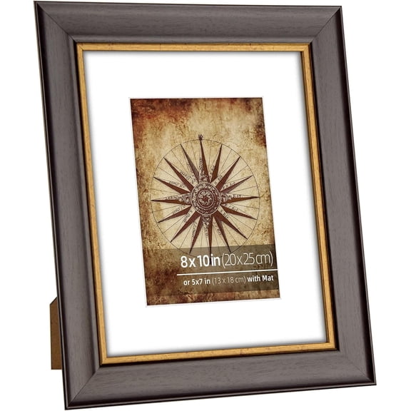 8x10 in Dark Brown and Antique Bronze 2 Tone Vintage Studio Picture Frame, Two Way Display, Matted to 5x7 inch, 1.5 in Wide Polystyrene Profile, Bronze Inner