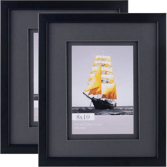 8x10 Double Floating Mat Picture Frame Set of 2, Display Picture 5x7 with black Double Mat, Polished High Definition Real Glass, Tabletop & Wall Mounting Photo Frames, Black