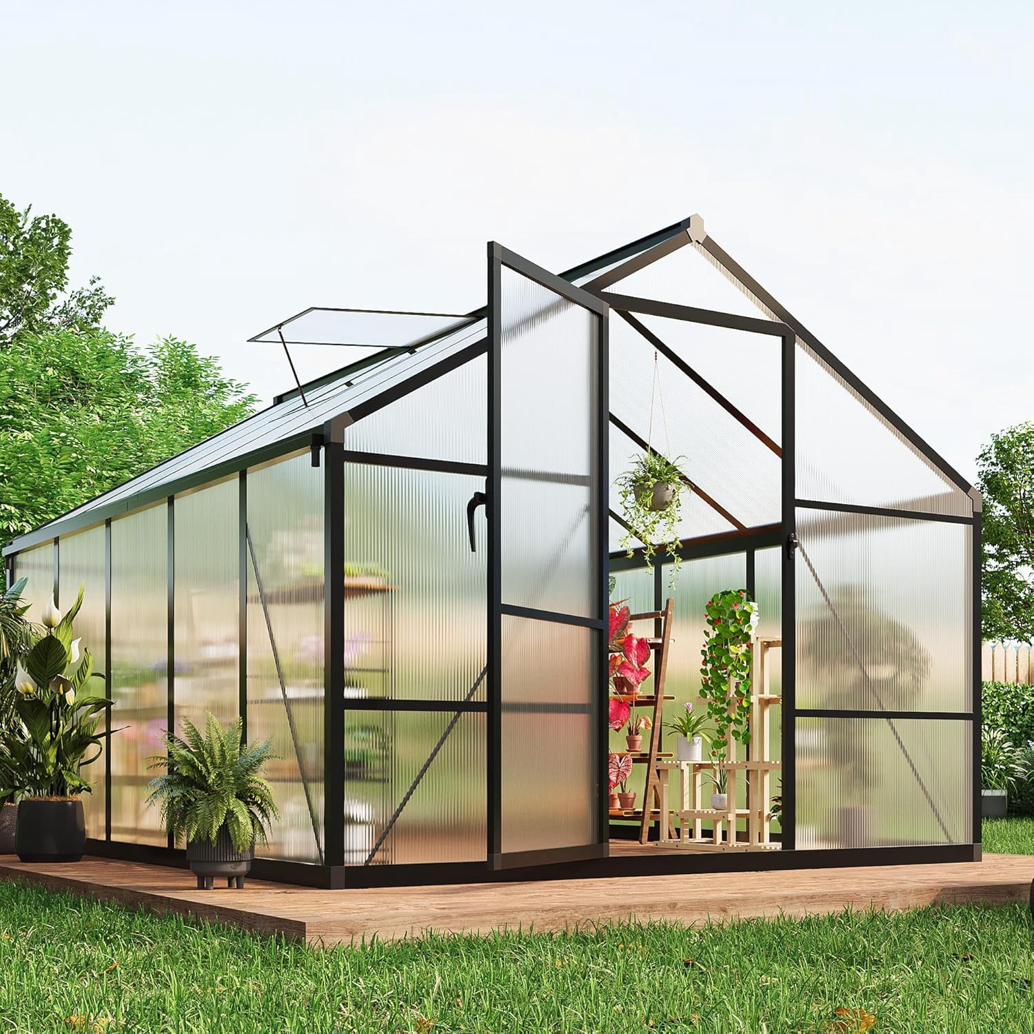 8x10 FT Greenhouse, Easy Assembly Aluminum Polycarbonate Greenhouses for Outdoors with Roof Vent and Ground Nails, Heavy Duty Aluminum Walk-in Greenhouse for Backyard, Sliding Lockable Door, Black