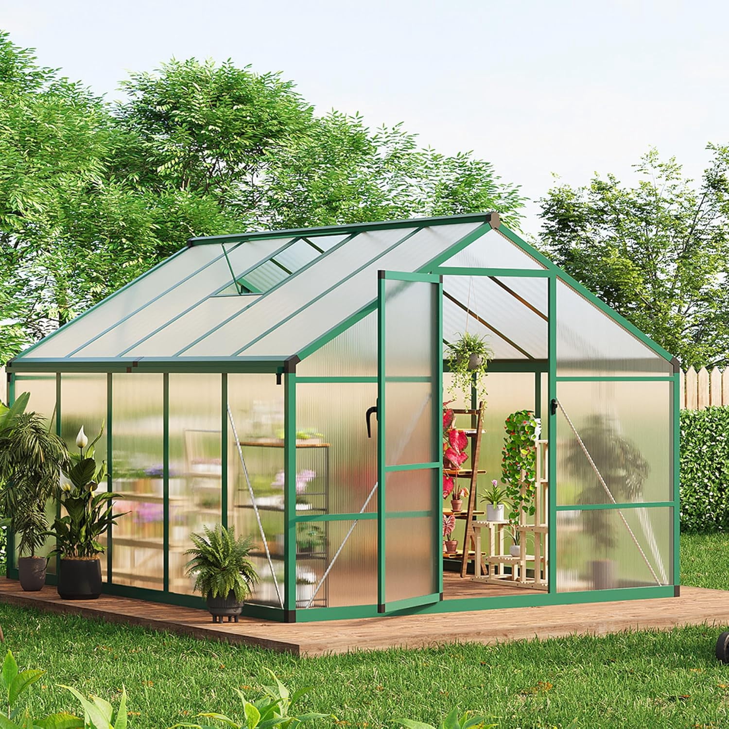 8x10 FT Greenhouse, Easy Assembly Aluminum Polycarbonate Greenhouses for Outdoors with Roof Vent and Ground Nails, Heavy Duty Aluminum Walk-in Greenhouse for Backyard, Sliding Lockable Door, Green