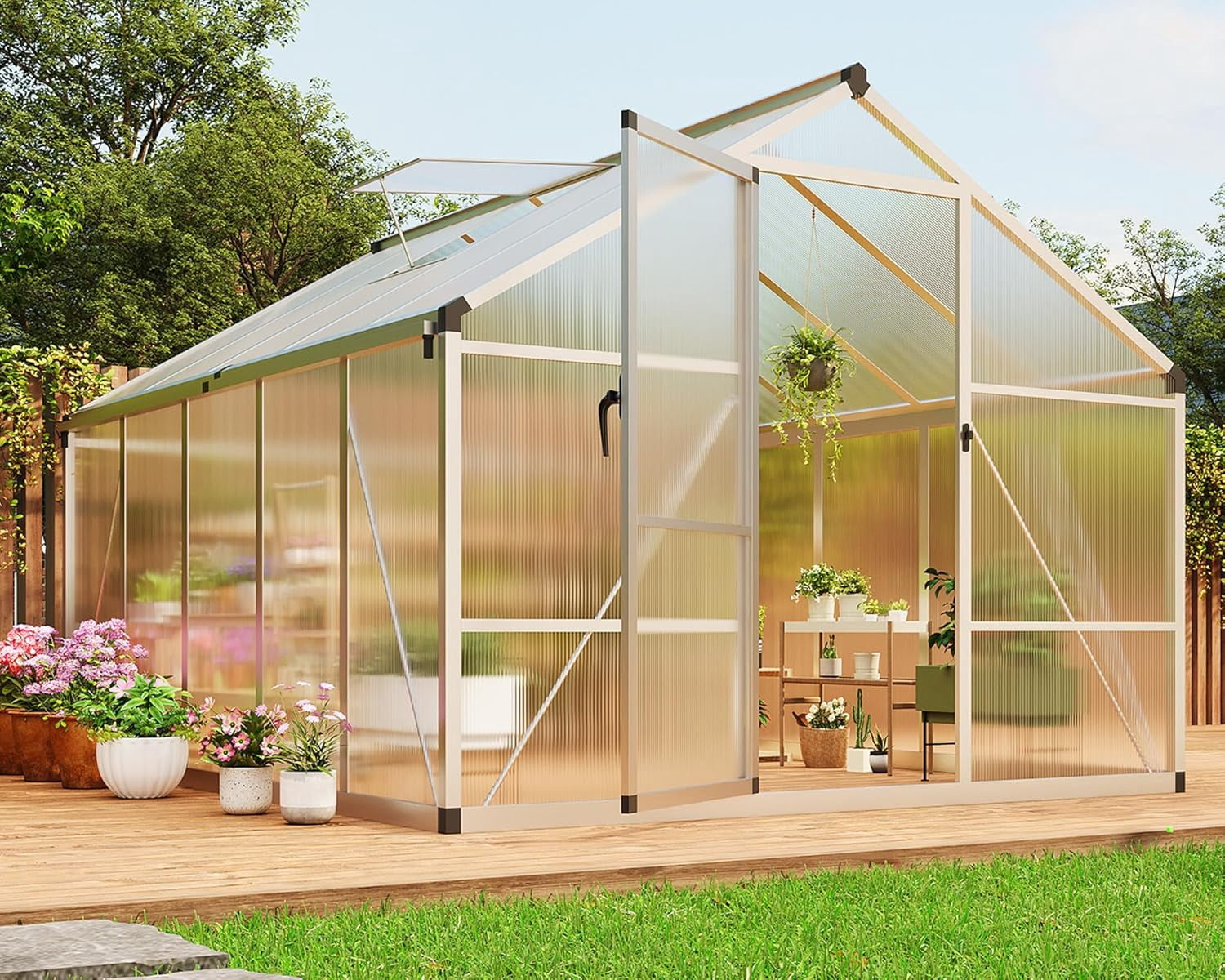 8x10 FT Greenhouse, Easy Assembly Aluminum Polycarbonate Greenhouses for Outdoors with Roof Vent and Ground Nails, Heavy Duty Aluminum Walk-in Greenhouse for Backyard, Sliding Lockable Door, Clear