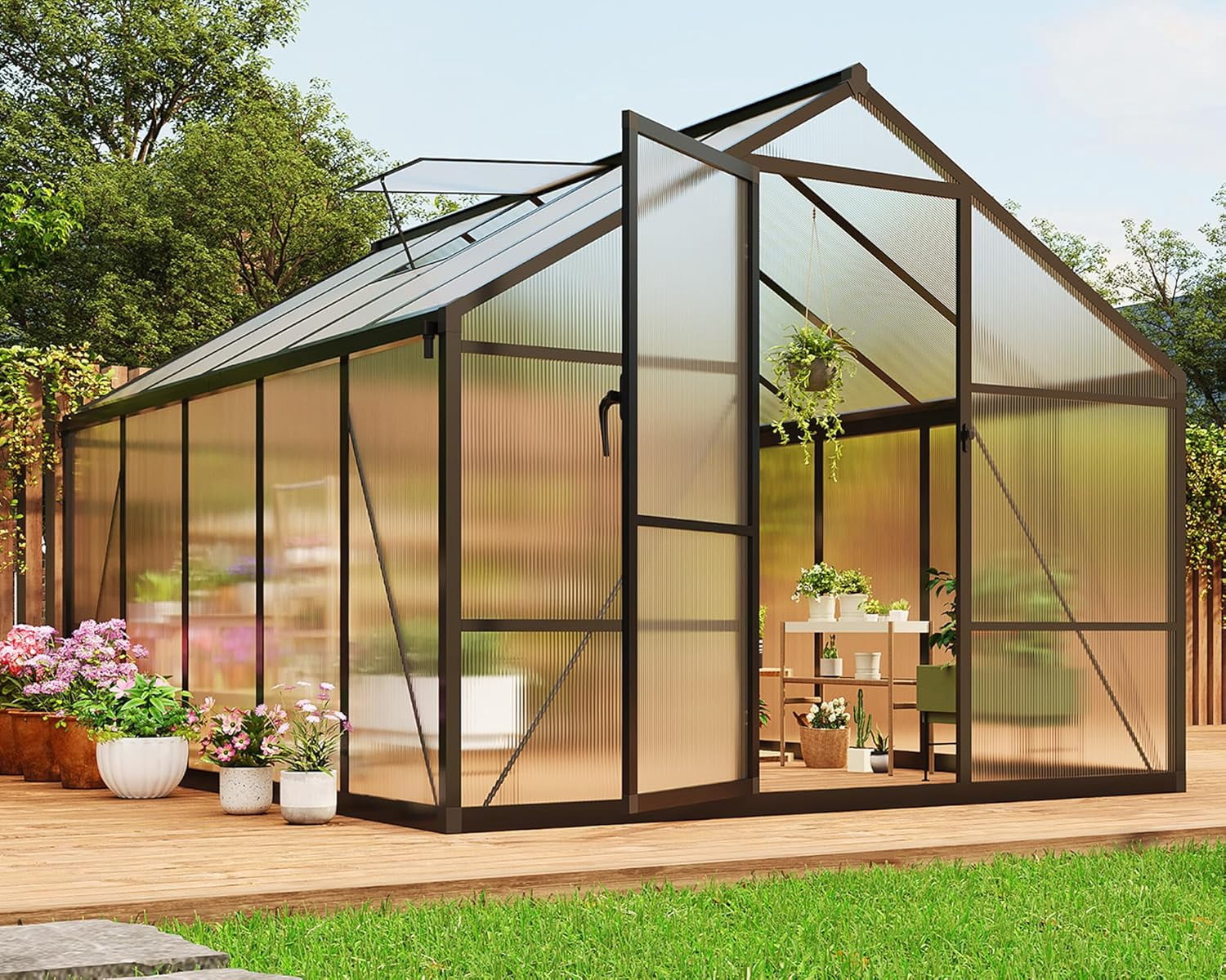 8x10 FT Greenhouse, Polycarbonate Walk-in Greenhouse for Outdoors with Roof Vent & Lockable Outward-Opening Swing Door, Heavy-Duty Aluminum Green House for Garden, Backyard, Patio, Lawn, Dark Grey