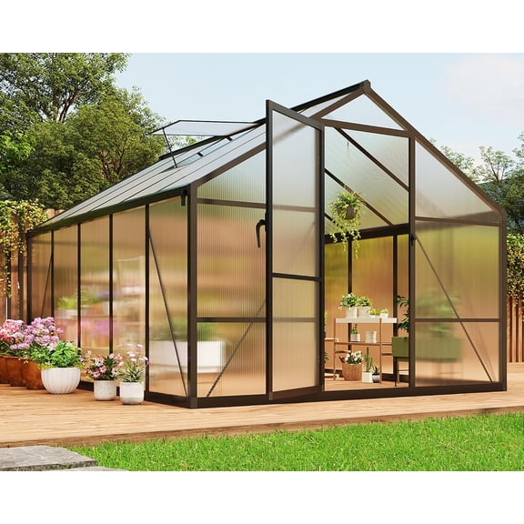 8x10 FT Greenhouse, Polycarbonate Walk-in Greenhouse for Outdoors with Roof Vent & Lockable Outward-Opening Swing Door, Heavy-Duty Aluminum Green House for Garden, Backyard, Patio, Lawn, Dark Grey