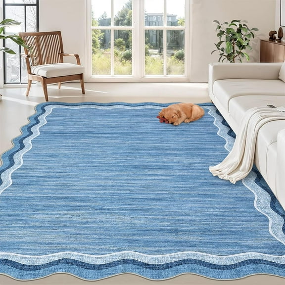 8x10 FT Modern Plain Area Rug, Washable Living Room Rug with Low Pile, Stain Resistant Surface, Non Slip Backing, Easy Clean Floor Carpet - Blue