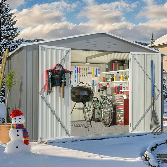 8x10 FT Outdoor Storage Shed, Large Garden Tool Metal Shed with Sloping Roof and Double Lockable Door, Outdoor Sheds for Backyard Garden Patio Lawn, Grey