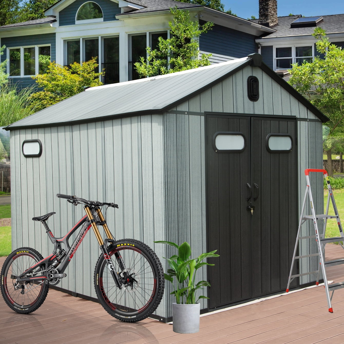 8x10 FT Outdoor Storage Shed, Resin Shed with Lockable Door, Vents & Window, All-Weather Tool Shed with Slope Roof for Bike, Garden Accessories, Gray