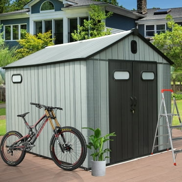8x10 FT Outdoor Storage Shed, Resin Shed with Lockable Door, Vents & Window, All-Weather Tool Shed with Slope Roof for Bike, Garden Accessories, Gray