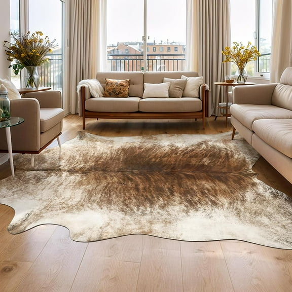 8x10 Feet Faux Cowhide Area Rugs for Living Room, Animal Skins Cow Hide Rug for Bedroom, Cool Western Christmas Decor, Thin Leather Cow Hide Carpets Fireplace Rug, Brownish