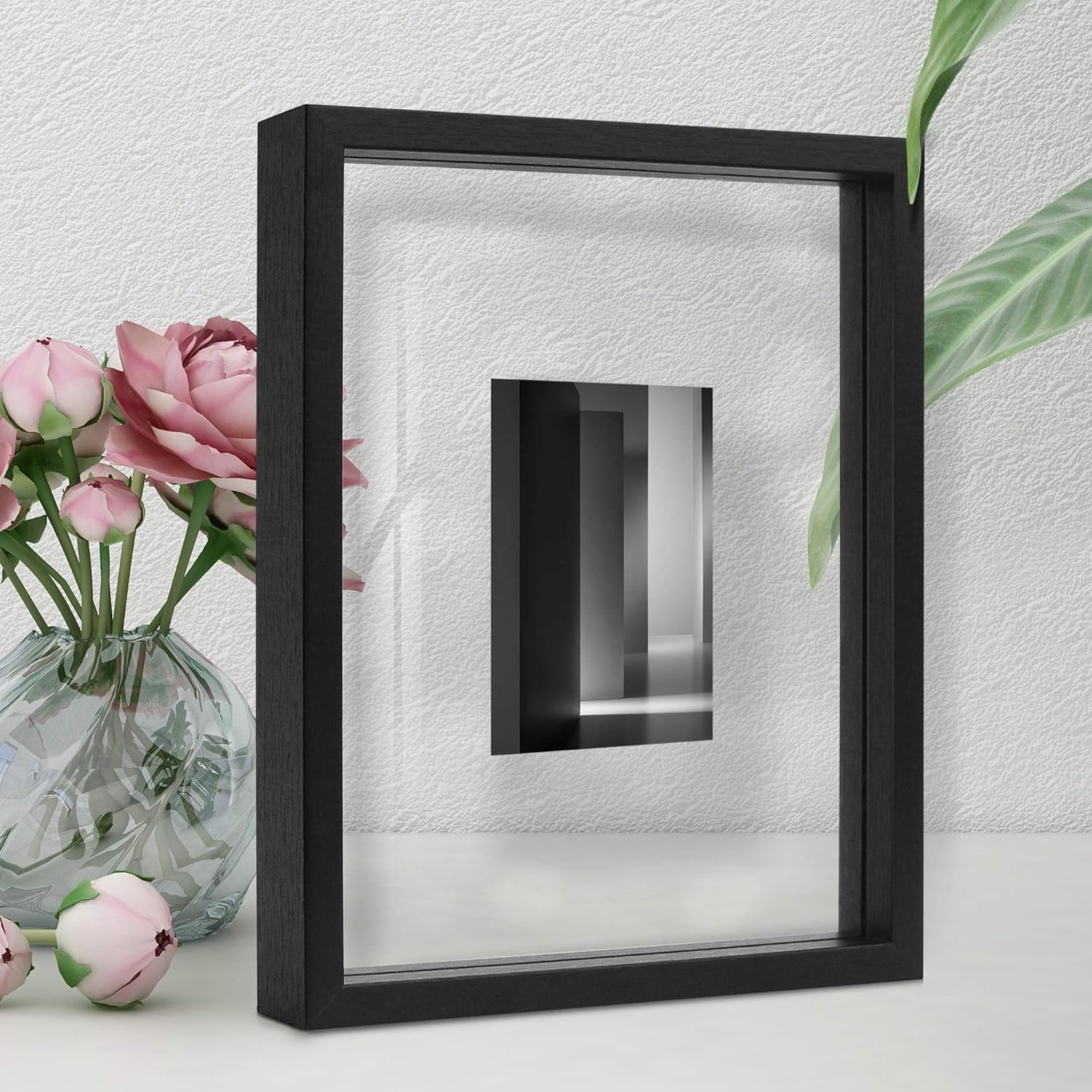 8x10 Floating Frame Black Picture Frame with Double Sided Real Glass
