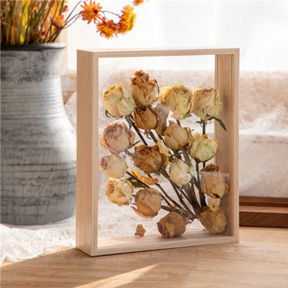 8x10 Floating Photo Frame with Double Glass Wood Dried Flower Display Stand