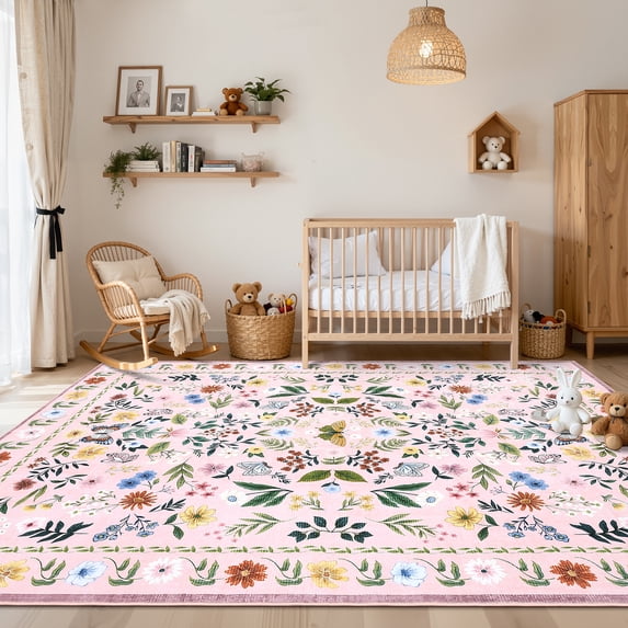 8x10 Floral Area Rug, Vintage Bohemian Low Pile Carpet for Living Room, Soft Non-Slip Machine Washable Indoor Floor Mat, Ideal for Farmhouse Bedroom, Pink
