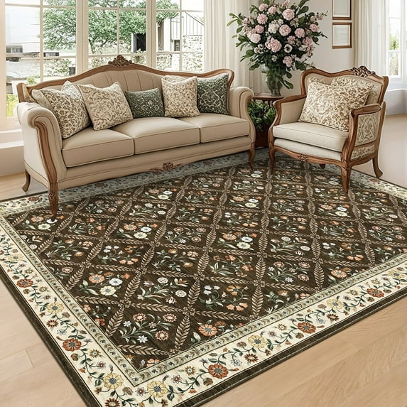 8x10 Floral Print Area Rugs Bordered Rug, Machine Washable Rug Modern Striped Low Pile Rug Carpet with Non-Slip Backing, Stain-Resistant Farmhouse Rugs for Living Room Bedroom Home Office, Brown