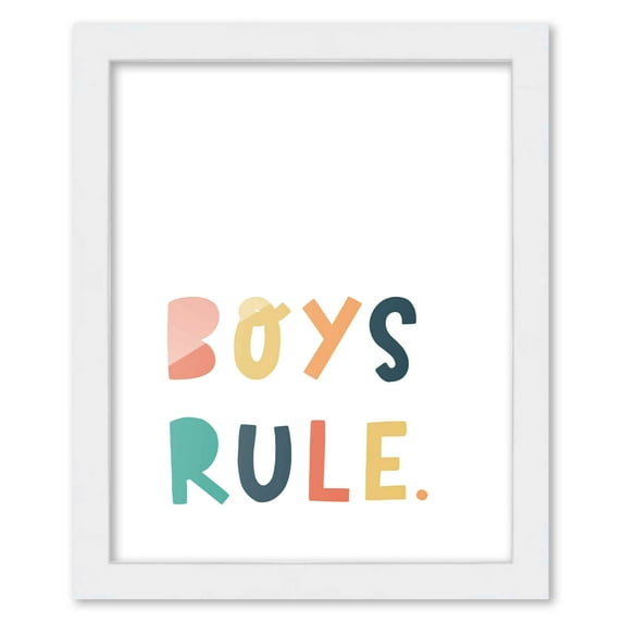 8x10 Framed Nursery Wall Art Colorful Boys Rule Poster In White Wood Frame For Kid Bedroom or