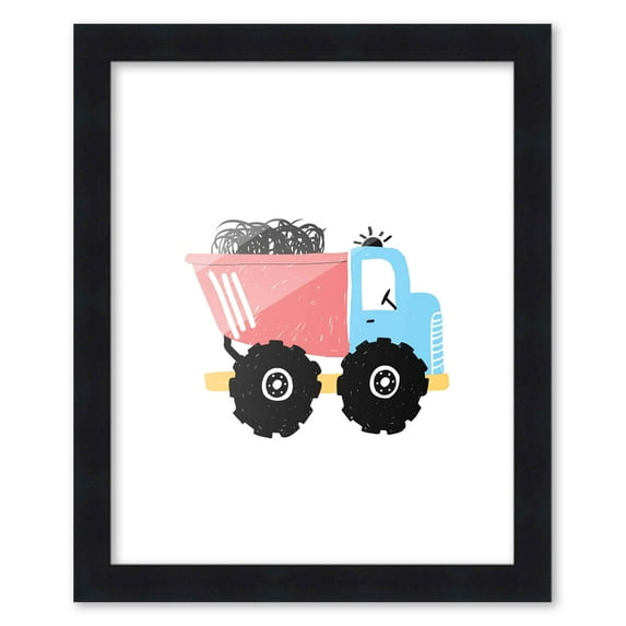 8x10 Framed Nursery Wall Art Construction Dump Truck Poster in Black Wood Frame For Kid Bedroom or