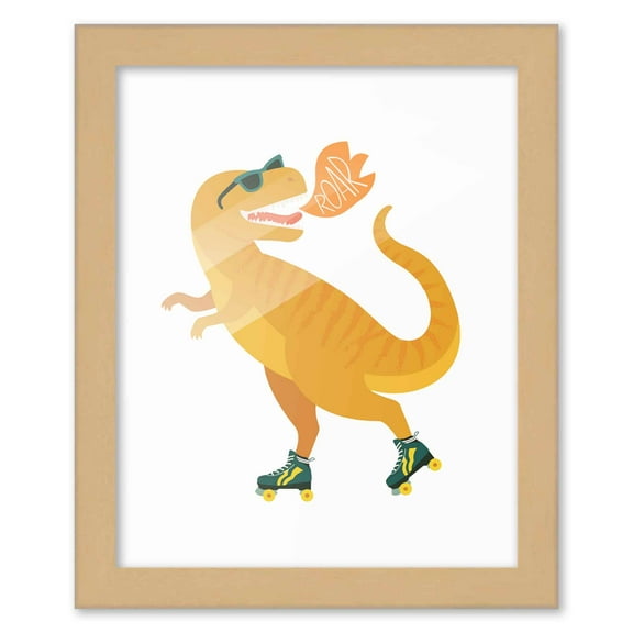 8x10 Framed Nursery Wall Art Dinosaur T-Rex Skating Poster in Black Wood Frame For Kid Bedroom or