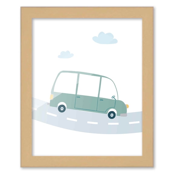 8x10 Framed Nursery Wall Art Hand Drawn Green Van Poster in Natural Wood Frames For Kid Bedroom or