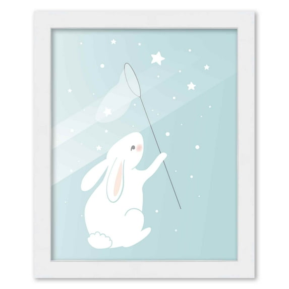 8x10 Framed Nursery Wall Art Hand Drawn Twinkle Bunny Poster in White Wood Frame For Kid Bedroom or