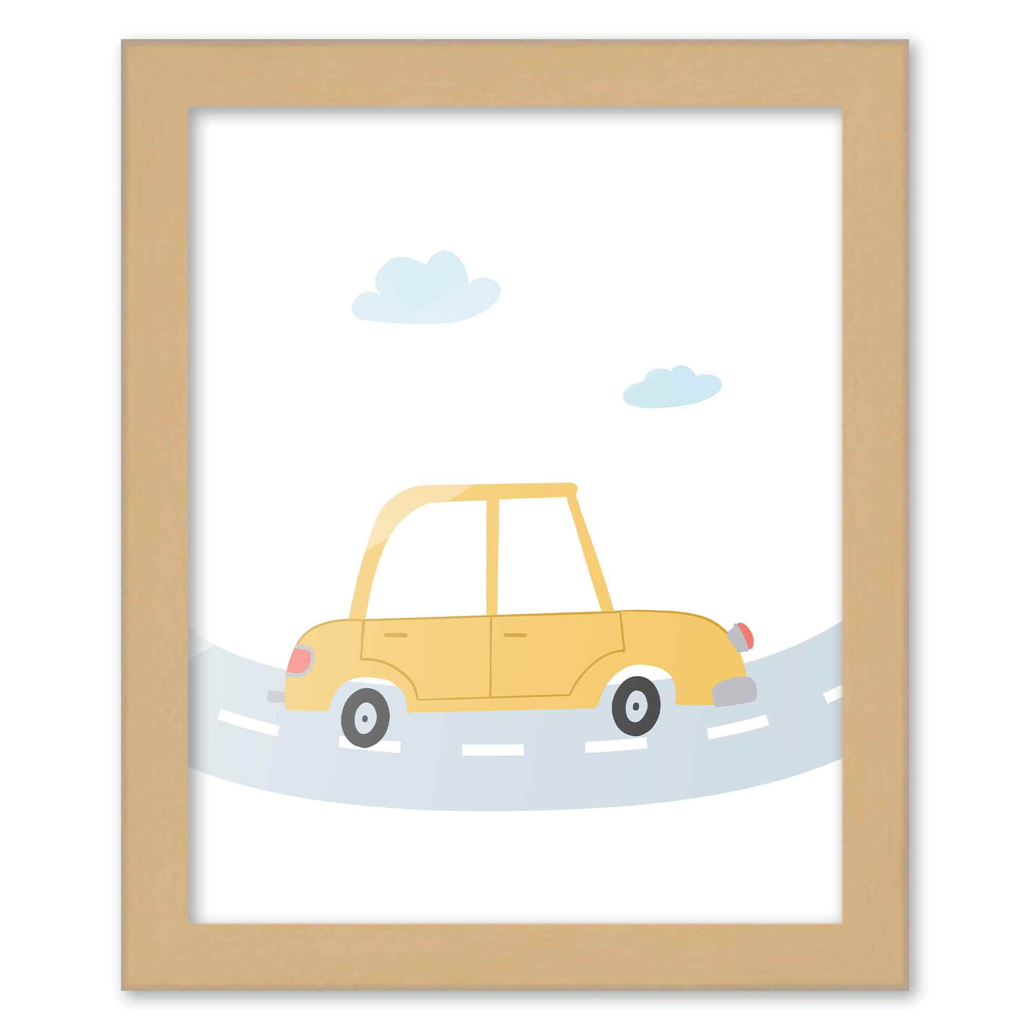 8x10 Framed Nursery Wall Art Hand Drawn Yellow Car Poster in Natural