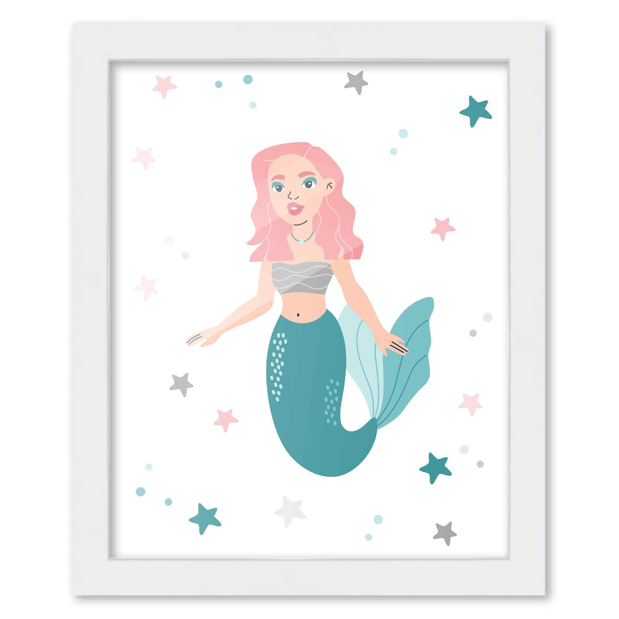 8x10 Framed Nursery Wall Art Mermaid Poster In White Wood Frame