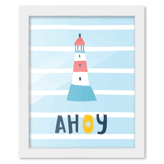 8x10 Framed Nursery Wall Art Nautical Ahoy Lighthouse Poster in White Wood Frame For Kid Bedroom or