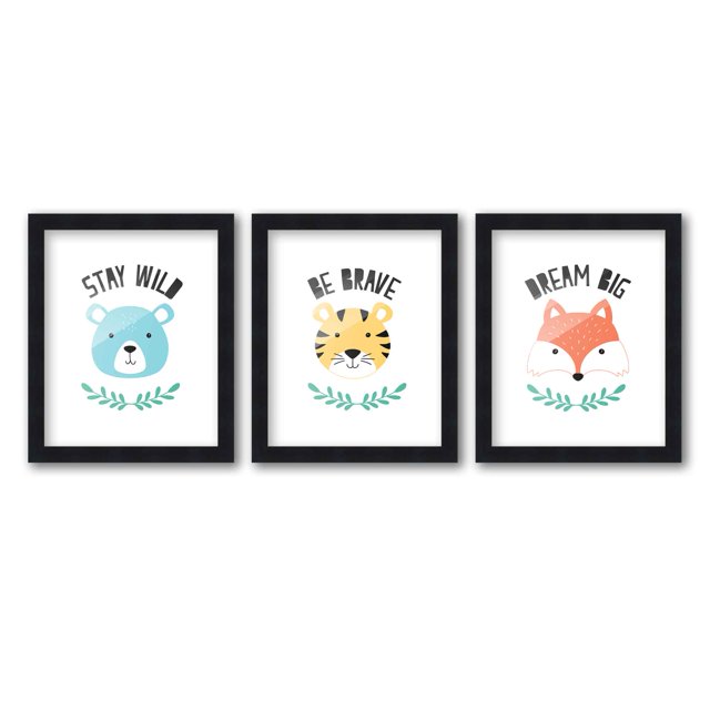 8x10 Framed Nursery Wall Art Set of 3 Hand Drawn Animal Prints in Black