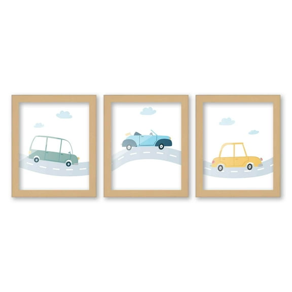 8x10 Framed Nursery Wall Art Set of 3 Hand Drawn Car Prints in Natural Wood Frames