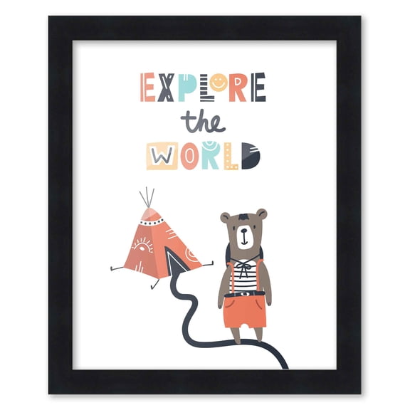 8x10 Framed Nursery Wall Little Explorer Explore the World Poster in Black Wood Frame For Kid