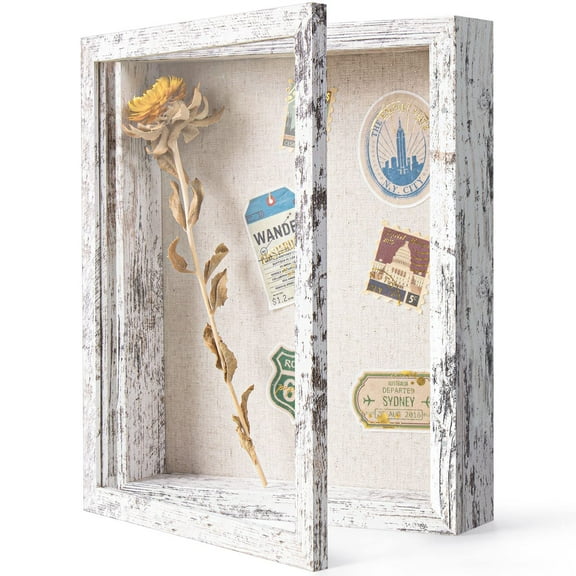 8x10 Front Opening Shadow Box Frame with Magnetic Door Linen Back Real Glass Rustic Memory Display for Wall or Table Distressed White