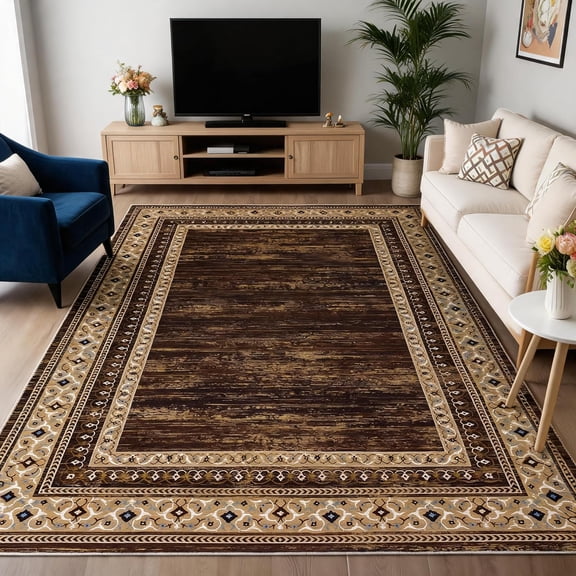 8x10 Ft Area Rug Living Room Non Slip Low Pile Soft Modern Border Abstract Geometric Reddish Brown