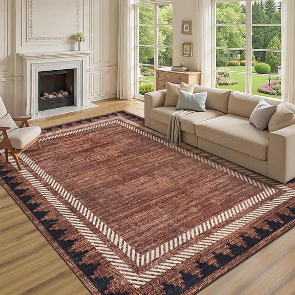 8x10 Ft Area Rug for Living Room Washable Low Pile Stain Resistant Modern Border Dark Red