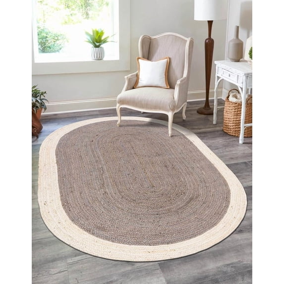 8x10 Ft Oval Gray & White Jute Area Rug, Hand-Woven, Reversible, Farmhouse Boho Style, Durable & Pet-Friendly Rug for Living Room, Dining Room, and Bedroom