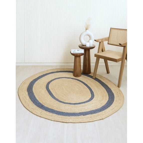 8x10 Ft Oval Navy Blue & Natural Jute Area Rug, Hand-Woven, Reversible, Farmhouse Boho Style, Durable & Pet-Friendly Rug for Living Room, Dining Room, and Bedroom
