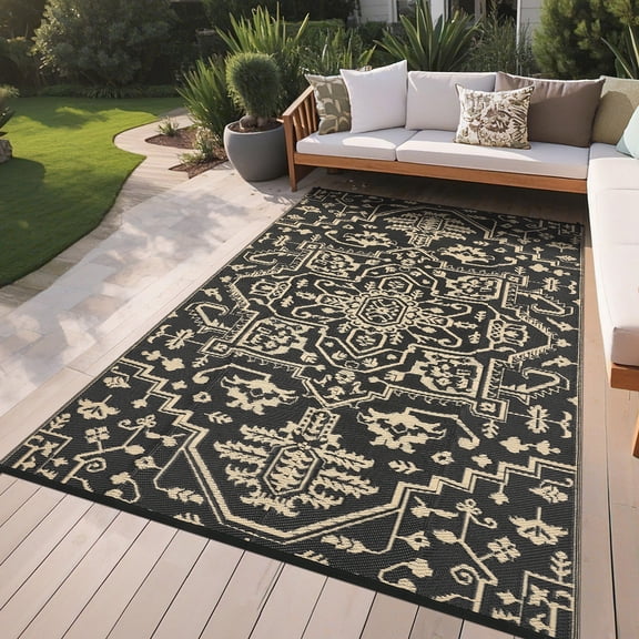8x10 Ft Portable Reversible Plastic Straw Outdoor Rug - Waterproof Camping Mat for RV, Patio, Deck & Porch, Black/Coffee