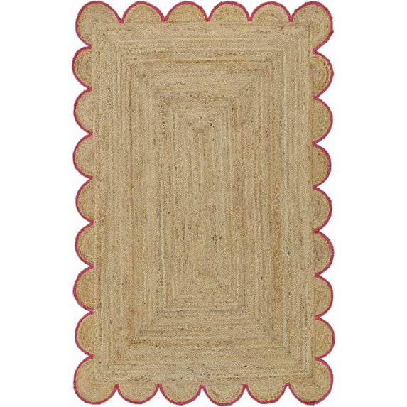8x10 Ft Red Border Premium Scalloped Jute Rug – Handcrafted Natural Braided Carpet for Living Room, Bedroom, Entryway – Boho Home Decor