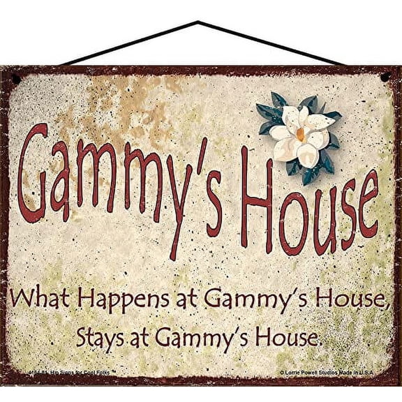 8x10 Gammy's House Sign with Magnolia Flower What Happens at Gammy's House Stays at Gammy's House Vintage Style Decorative Household Family Home Décor Grandma Nickname Gift Signs for any Grandmother