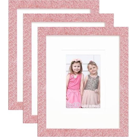 8x10 Glitter Picture Frame Set of 3, Stylish Sparkling Photo Frames with 5x7/4x6 Mat, Solid Wood and Real Glass for Tabletop or Wall Mount, Cute Home Office Decor, Pink