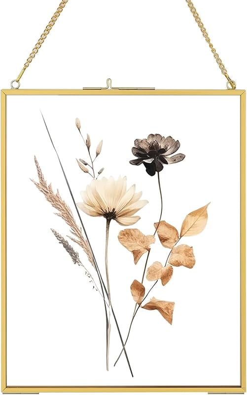8x10 Gold Brass Floating Picture Frame - Double Glass Vintage Pressed Flower Photo Frame With Stand